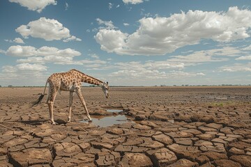 A lone giraffe forages in a drought-ridden landscape