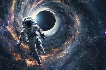 A lone astronaut in space suit floats before the cosmic mystery of a black hole. - obrazy, fototapety, plakaty