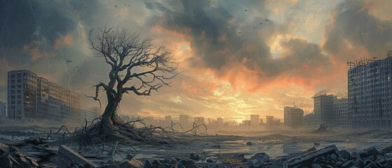 A lone leafless tree stands in the desolate landscape of a post-apocalyptic cityscape - obrazy, fototapety, plakaty
