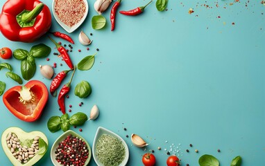 Colorful food ingredients and vegetables on blue background,copy space,World Health Day concept.