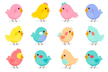 Fototapeta premium Beautiful and cute multi-coloured birds. Spring birds with beautiful beaks and red cheeks. Vector birds for postcards