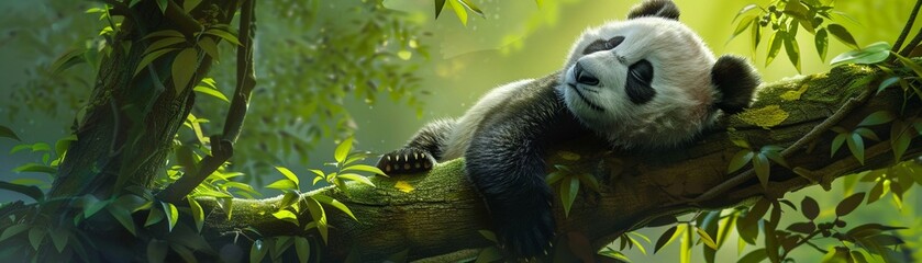 A peaceful panda cub takes a nap on a tree branch