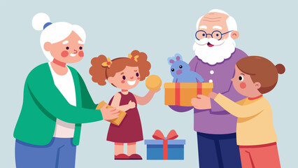 An illustration of grandparents giving genderspecific toys to their grandchildren reinforcing traditional ideas of gender roles and