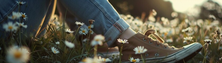 A person relaxing in a field of blooming daisies with shoes on