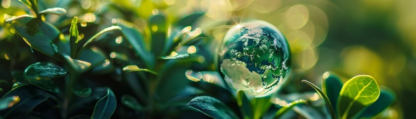 A single water droplet containing the reflection of Earth nestled among green foliage - obrazy, fototapety, plakaty