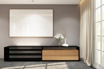 3d rendering of interior space side the window with credenza and frame mock up. Wood parquet floor and gray wall background. Set 7