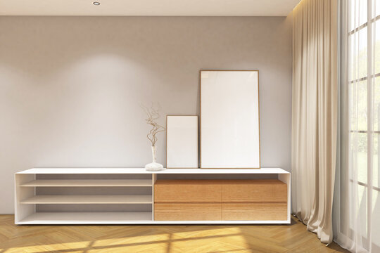 3d rendering of interior space side the window with credenza and 2 frames mock up. Wood parquet floor and gray wall background. Set 8