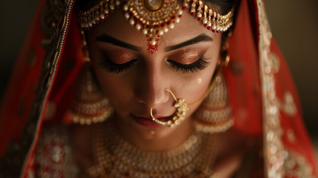 A stunning Indian bride adorned in traditional attire exudes elegance and cultural beauty.
