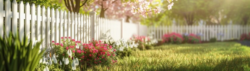 A tranquil and blooming garden secured by a quaint white picket fence - obrazy, fototapety, plakaty