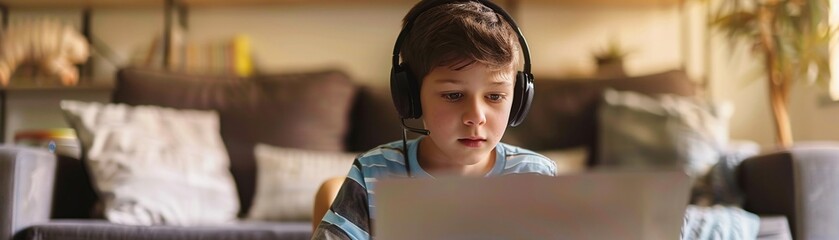 A young boy in headphones focuses intently on a laptop screen - obrazy, fototapety, plakaty