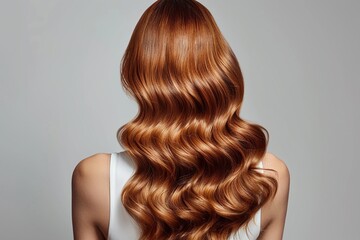 A woman with her back turned showcases her beautifully styled wavy hair - obrazy, fototapety, plakaty