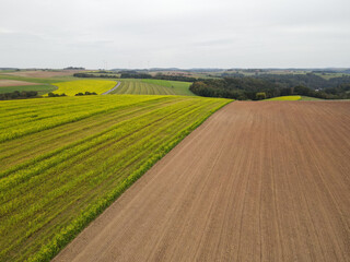 View from above of a farmland with agriculture fields 