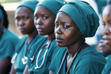 female african healthcare workers in scrubs with stethoscopes