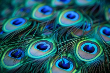 Close-up of peacock feathers displaying a mesmerizing pattern of vibrant blue and green hues with eye-like markings.