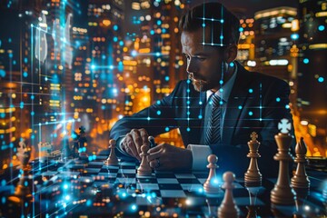 A businessman in a suit plays a futuristic chess game showcasing real estate innovation against an urban skyline, Generated by AI