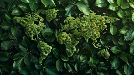 Conceptual image of a world map made from lush green leaves.