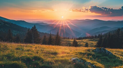 Radiant Mountain Silhouettes Under a Vivid Sunset Sky - Generative AI