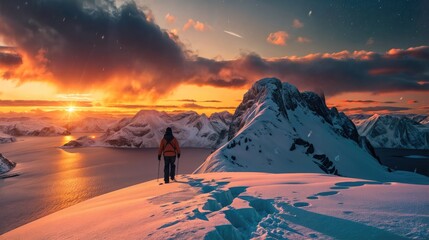 Fototapeta na wymiar A person on top of a snowy hill, with a beautiful sunset and a mountain