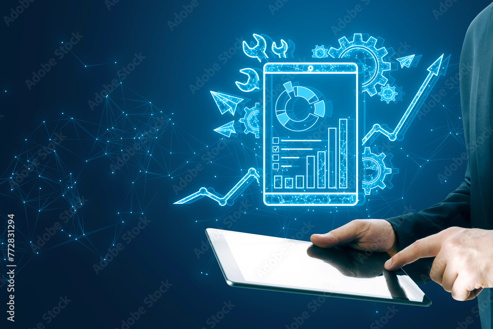 Aufkleber close up of male hand pointing at tablet with creative polygonal interface with cogs and business ch