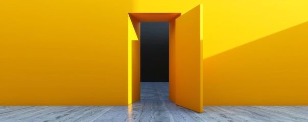 Yellow walls with an open door leading to a dark room - obrazy, fototapety, plakaty