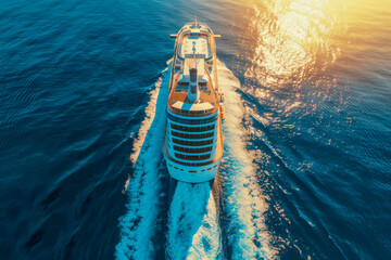 Aerial view of beautiful white cruise ship above luxury cruise close up at stern of cruise sail with contrail in the ocean sea concept smart tourism travel a vacation time on summer, webinar banner - obrazy, fototapety, plakaty