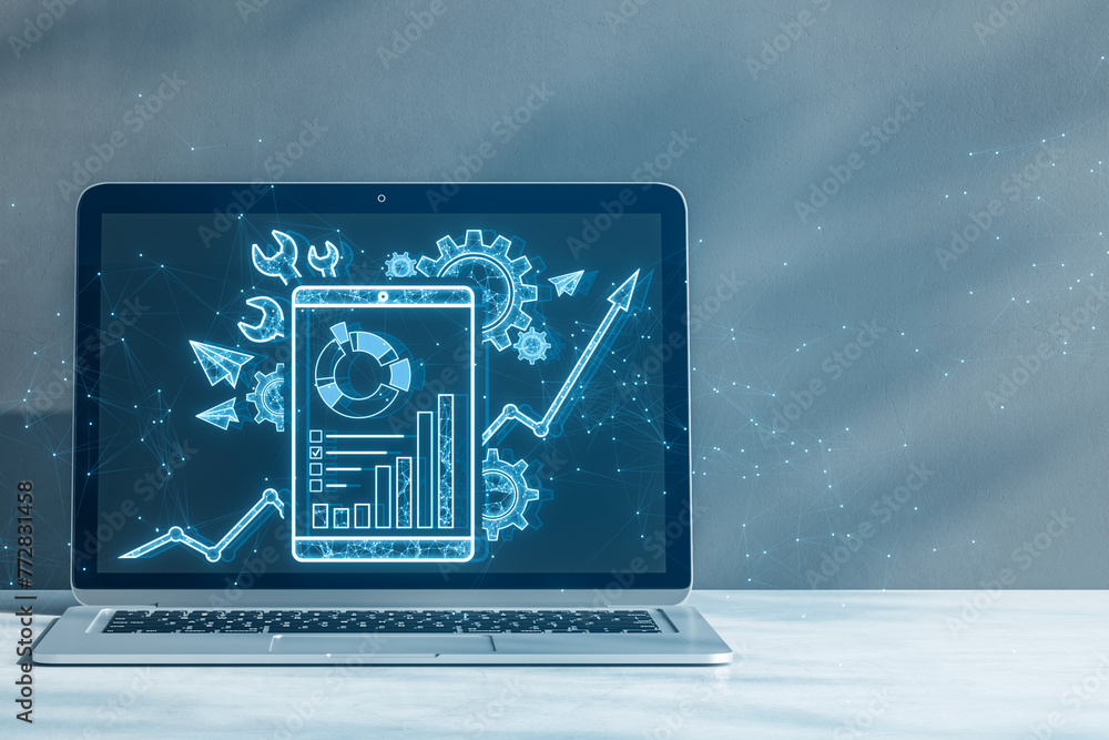 Poster Close up of notebook with creative polygonal interface with cogs and business chart on blue background. Project management, maintenance tool and online finance system concept. 3D Rendering.