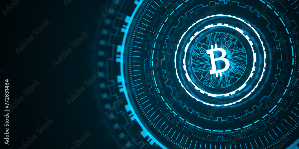 Poster Creative glowing round bitcoin hologram on dark backdrop with mock up place. Cryptocurrency and finance concept. 3D Rendering. 3D Rendering.