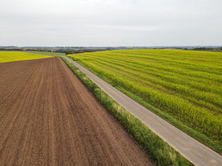 Obraz premium View from above of agricultural fields with soil and rape in countryside 