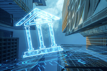 Creative polygonal bank hologram on blurry city background. Digital banking, global networking, cyber security concept. Double exposure. - 772831421