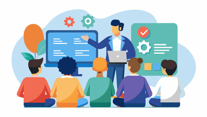A trainer presenting a workshop on coding and programming to a group of interested employees emphasizing the importance of developing technical