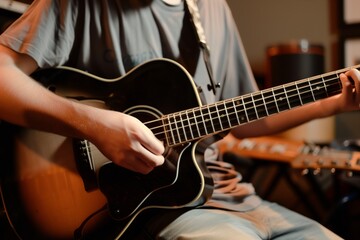 Fototapeta premium guitarist in casual wear practicing backstage, calm focus