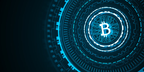 Creative glowing round bitcoin hologram on dark backdrop with mock up place. Cryptocurrency and finance concept. 3D Rendering. 3D Rendering.