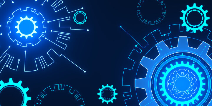 Creative digital cogs on blue background. Factory, production and machinery concept. 3D Rendering.