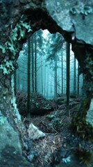Mystical forest view through a tree hollow