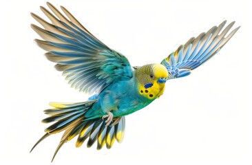 Fototapeta premium parrot flies with its wings spread on a white isolated background