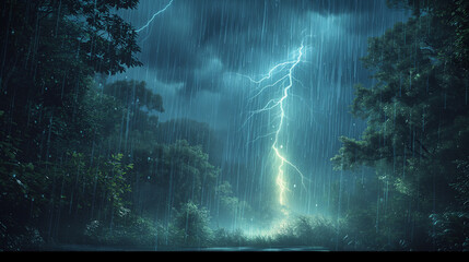 a lightning storm with trees in the background