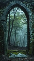 Obraz premium Arched stone doorway framing a misty forest
