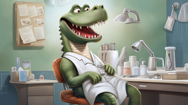 an illustration depicting a cartoon crocodile dentist on a monochrome background.