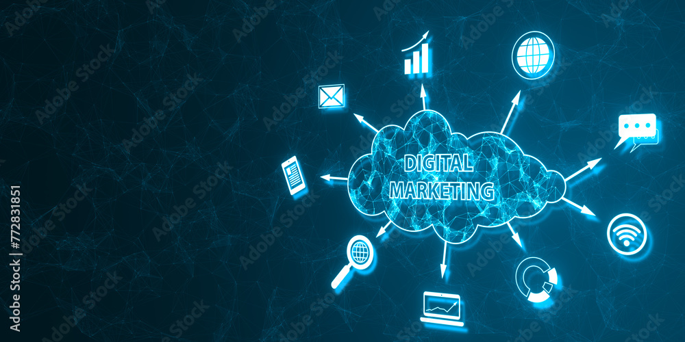 Poster creative blue polygonal cloud digital marketing hologram with icons on blurry background with mock u