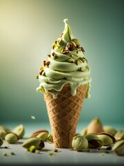 Italian Pistachio gelato in waffle cone, studio lighting and background, cinematic food photography, ice cream