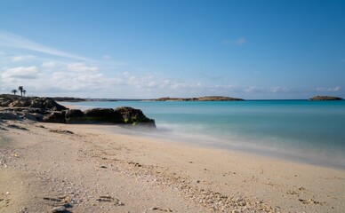 beautiful empty golden sand beach at the Platja de Ses Illetes isthmus on Formentera island