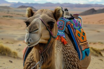 closeup of a camels face with a colorful saddle, desert vista behind