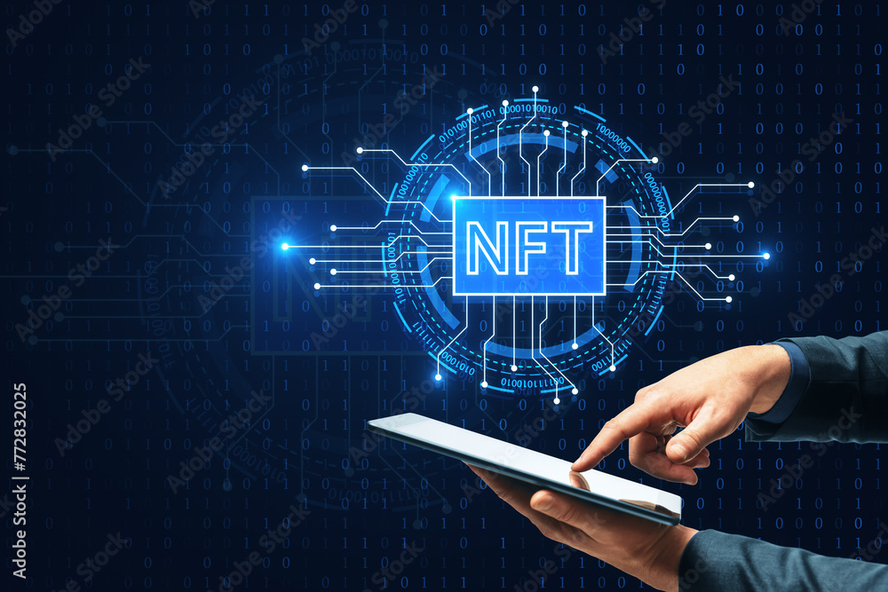 Poster close up of male hand pointing at smartphone with creative glowing nft circuit hologram on dark back