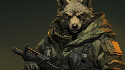 an illustration depicting a cartoon military wolf on a monochrome background.