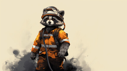 Obraz na płótnie Canvas an illustration depicting a cartoon raccoon firefighter, rescuer on a monochrome background.