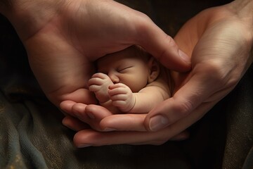 close view of a Newborn baby in the hands of a mother, Mother day concept AI generated