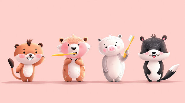cartoon animals with a toothbrush in their mouth