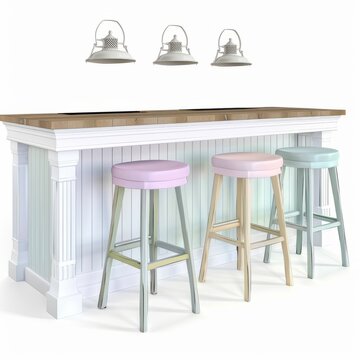 3D Render of a coastal cottage kitchen island with pastel bar stools and beadboard paneling, on isolated white background, Generative AI