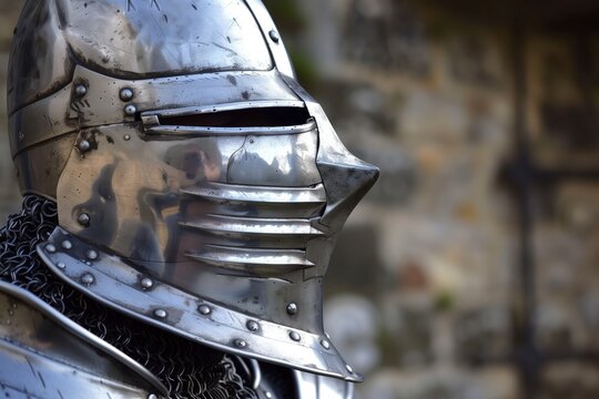 closeup of a fluted bascinet on a knight outside