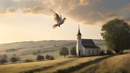 A dove soars over a rural area, with a little church visible in the distance. - obrazy, fototapety, plakaty